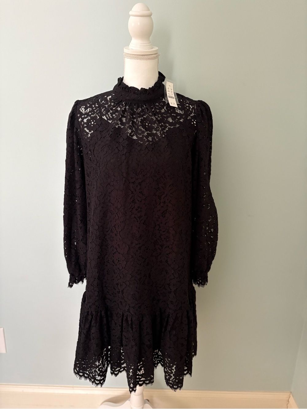 J. Crew Black Lace Long-Sleeve Ruffle-Hem Dress